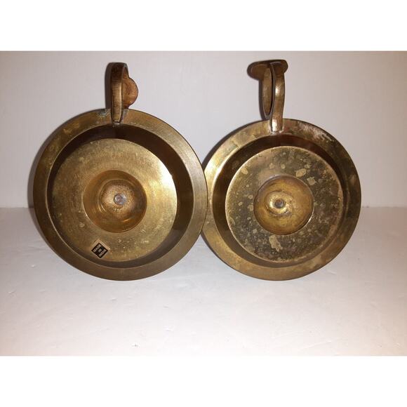 Pair of Vintage Brass and Wood Chambersticks Candle holders 4.5 " tall - Picture 2 of 8